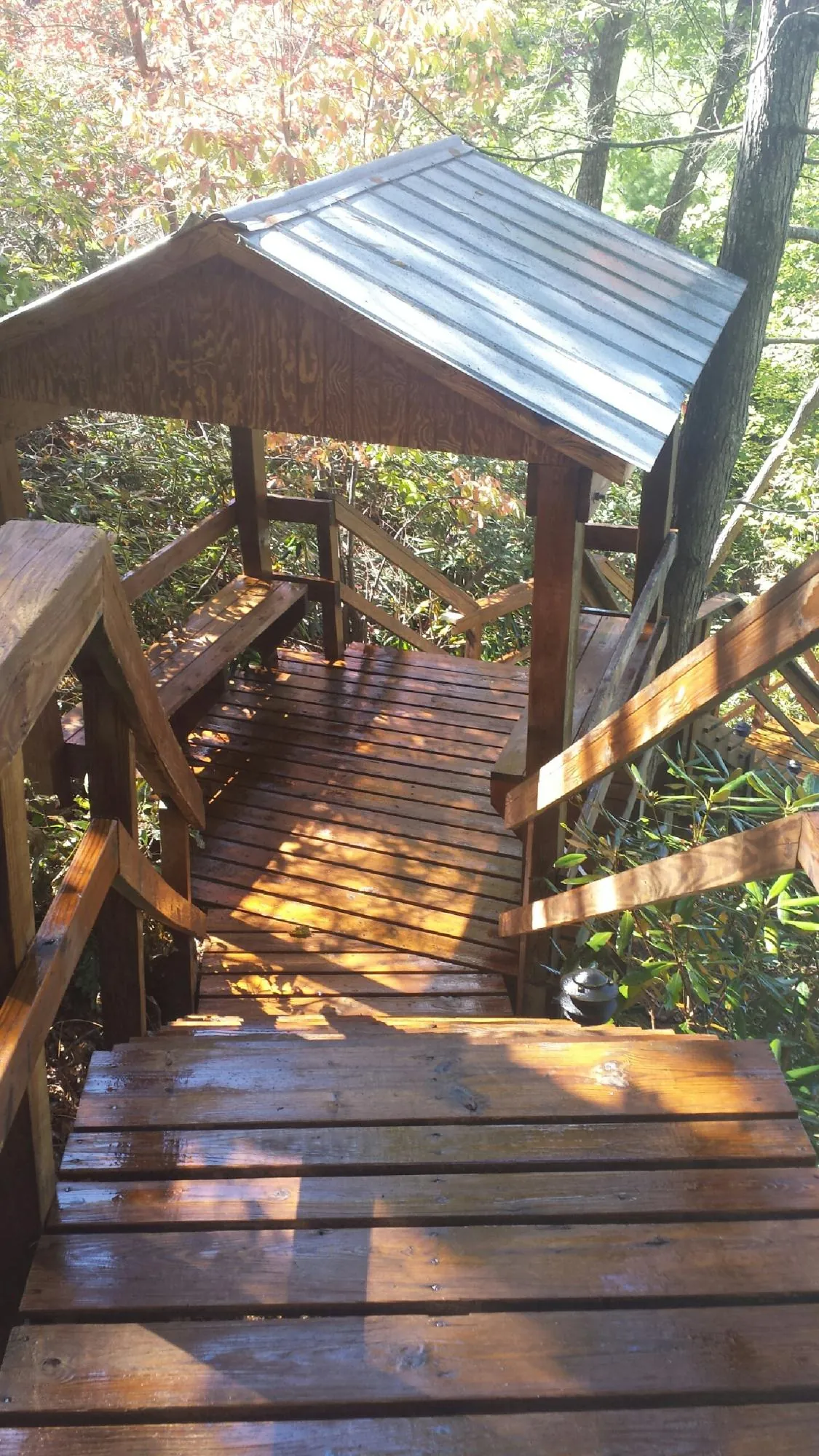 Freshly stained wood walkway and covered shelter with a metal roof in Warm Springs
